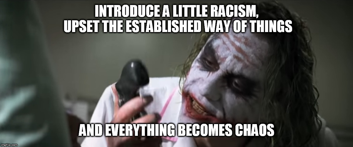 INTRODUCE A LITTLE RACISM, UPSET THE ESTABLISHED WAY OF THINGS AND EVERYTHING BECOMES CHAOS | image tagged in introduce a little x | made w/ Imgflip meme maker