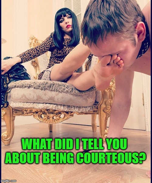 Dominatrix | WHAT DID I TELL YOU ABOUT BEING COURTEOUS? | image tagged in dominatrix | made w/ Imgflip meme maker