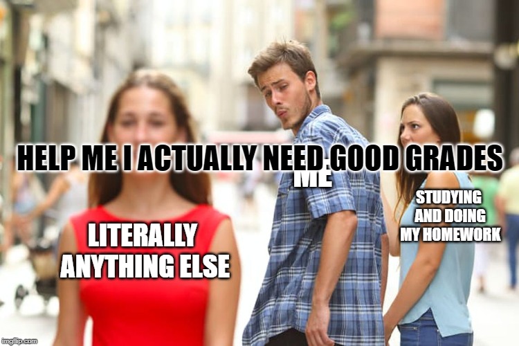 Distracted Boyfriend Meme | HELP ME I ACTUALLY NEED GOOD GRADES; ME; STUDYING AND DOING MY HOMEWORK; LITERALLY ANYTHING ELSE | image tagged in memes,distracted boyfriend | made w/ Imgflip meme maker