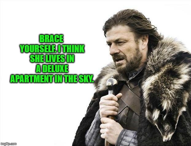 Brace Yourselves X is Coming Meme | BRACE YOURSELF. I THINK SHE LIVES IN A DELUXE APARTMENT IN THE SKY. | image tagged in memes,brace yourselves x is coming | made w/ Imgflip meme maker