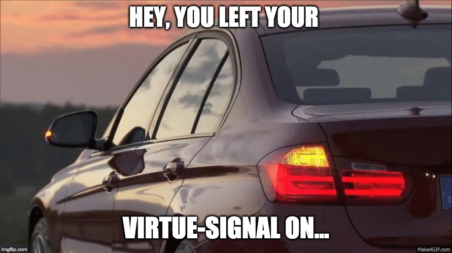 HEY, YOU LEFT YOUR; VIRTUE-SIGNAL ON... | image tagged in political correctness,political humor,virtue signalling | made w/ Imgflip meme maker