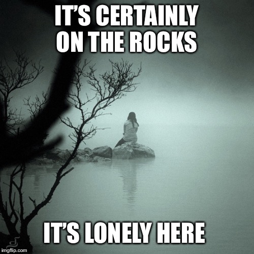 Sitting alone on a rock in a quiet foggy lake | IT’S CERTAINLY ON THE ROCKS IT’S LONELY HERE | image tagged in sitting alone on a rock in a quiet foggy lake | made w/ Imgflip meme maker