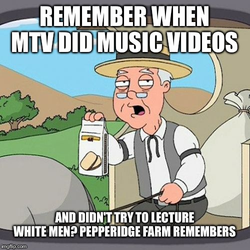 Pepperidge Farm Remembers | REMEMBER WHEN MTV DID MUSIC VIDEOS; AND DIDN'T TRY TO LECTURE WHITE MEN? PEPPERIDGE FARM REMEMBERS | image tagged in memes,pepperidge farm remembers | made w/ Imgflip meme maker