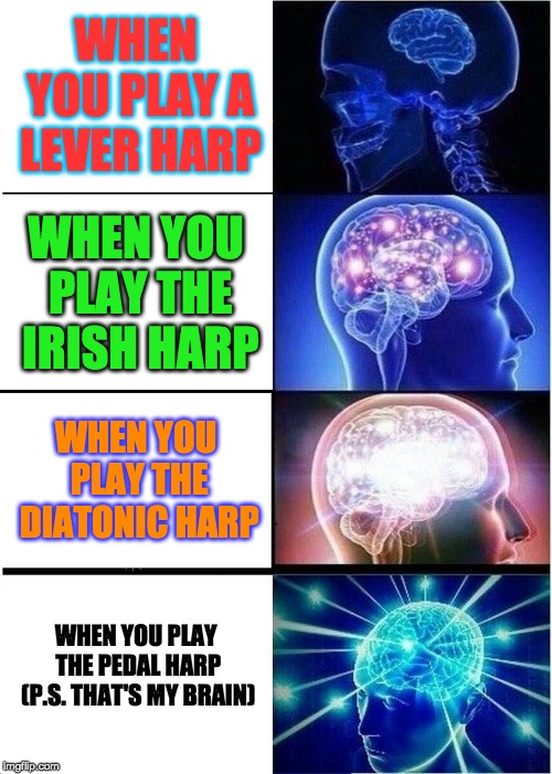 Expanding Brain Meme | WHEN YOU PLAY A LEVER HARP; WHEN YOU PLAY THE IRISH HARP; WHEN YOU PLAY THE DIATONIC HARP; WHEN YOU PLAY THE PEDAL HARP (P.S. THAT'S MY BRAIN) | image tagged in memes,expanding brain | made w/ Imgflip meme maker