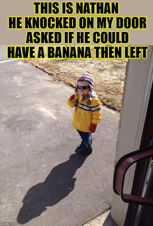 THIS IS NATHAN HE KNOCKED ON MY DOOR ASKED IF HE COULD HAVE A BANANA THEN LEFT | image tagged in like a boss,cool kids | made w/ Imgflip meme maker