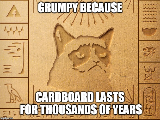 Grumpy Cat Egypt | GRUMPY BECAUSE; CARDBOARD LASTS FOR THOUSANDS OF YEARS | image tagged in grumpy cat egypt,grumpy cat,rip grumpy cat,grumpy,2019,grumpy cat cardboard sign | made w/ Imgflip meme maker