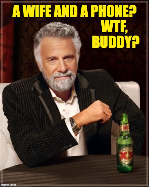 The Most Interesting Man In The World Meme | A WIFE AND A PHONE? WTF, BUDDY? | image tagged in memes,the most interesting man in the world | made w/ Imgflip meme maker