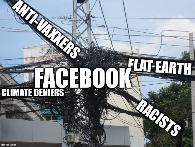 tangled wires | ANTI-VAXXERS FLAT EARTH RACISTS CLIMATE DENIERS FACEBOOK | image tagged in tangled wires | made w/ Imgflip meme maker