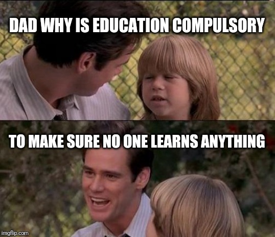 That's Just Something X Say Meme | DAD WHY IS EDUCATION COMPULSORY; TO MAKE SURE NO ONE LEARNS ANYTHING | image tagged in memes,thats just something x say | made w/ Imgflip meme maker