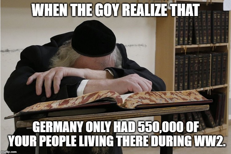World War Two Jewish Population | WHEN THE GOY REALIZE THAT; GERMANY ONLY HAD 550,000 OF YOUR PEOPLE LIVING THERE DURING WW2. | image tagged in tired jew,wwii,holocaust,jewish,jew,hard to swallow pills | made w/ Imgflip meme maker