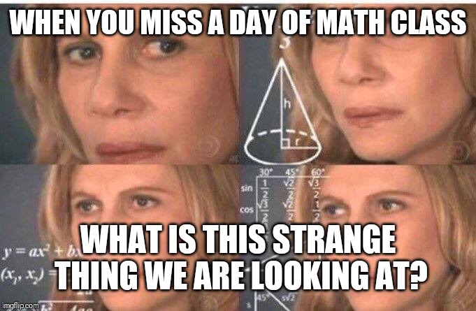 Math lady/Confused lady | WHEN YOU MISS A DAY OF MATH CLASS; WHAT IS THIS STRANGE THING WE ARE LOOKING AT? | image tagged in math lady/confused lady | made w/ Imgflip meme maker
