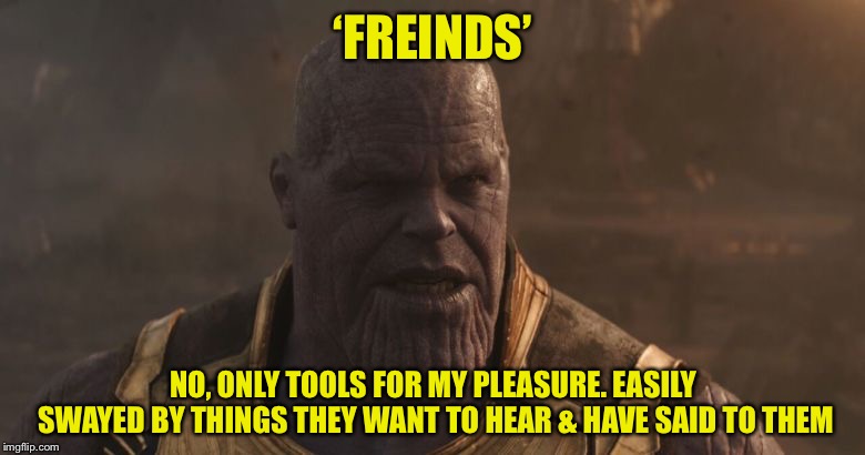 TheMadTitan really? | ‘FREINDS’ NO, ONLY TOOLS FOR MY PLEASURE. EASILY SWAYED BY THINGS THEY WANT TO HEAR & HAVE SAID TO THEM | image tagged in themadtitan really | made w/ Imgflip meme maker