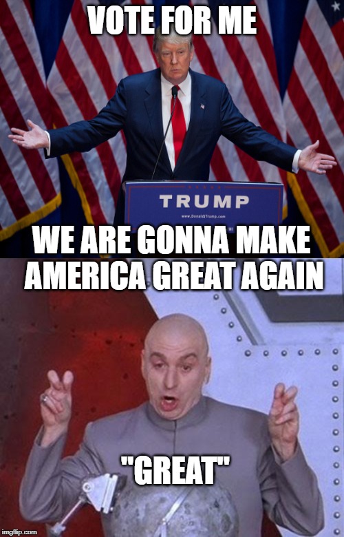 I don't follow politics, but just throwing this in to fill up on things. | VOTE FOR ME; WE ARE GONNA MAKE AMERICA GREAT AGAIN; "GREAT" | image tagged in blank white template,donald trump,dr evil laser | made w/ Imgflip meme maker