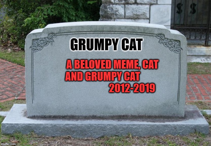 Gravestone | GRUMPY CAT; A BELOVED MEME, CAT AND GRUMPY CAT                               2012-2019 | image tagged in gravestone | made w/ Imgflip meme maker