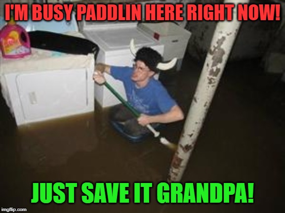it will be fun they said | I'M BUSY PADDLIN HERE RIGHT NOW! JUST SAVE IT GRANDPA! | image tagged in it will be fun they said | made w/ Imgflip meme maker