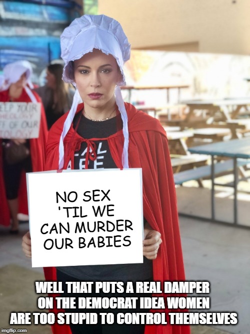 Pro-Choice doesn't have to end in a dead baby. Just ask Alyssa. | NO SEX 'TIL WE CAN MURDER OUR BABIES; WELL THAT PUTS A REAL DAMPER ON THE DEMOCRAT IDEA WOMEN ARE TOO STUPID TO CONTROL THEMSELVES | image tagged in alyssa milano sign,abortion is murder,pro-choice | made w/ Imgflip meme maker