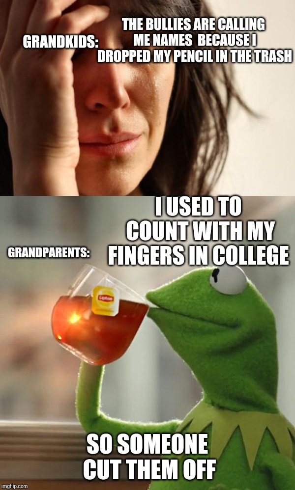 Problems throughout the years | THE BULLIES ARE CALLING ME NAMES 
BECAUSE I DROPPED MY PENCIL IN THE TRASH; GRANDKIDS:; I USED TO COUNT WITH MY FINGERS IN COLLEGE; GRANDPARENTS:; SO SOMEONE CUT THEM OFF | image tagged in memes,first world problems,but thats none of my business | made w/ Imgflip meme maker