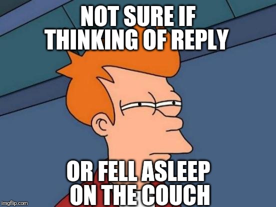 Futurama Fry | THINKING OF REPLY; NOT SURE IF; OR FELL ASLEEP; ON THE COUCH | image tagged in memes,futurama fry | made w/ Imgflip meme maker