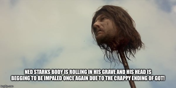 ned stark head post got | NED STARKS BODY IS ROLLING IN HIS GRAVE AND HIS HEAD IS BEGGING TO BE IMPALED ONCE AGAIN DUE TO THE CRAPPY ENDING OF GOT! | image tagged in ned stark head post got | made w/ Imgflip meme maker