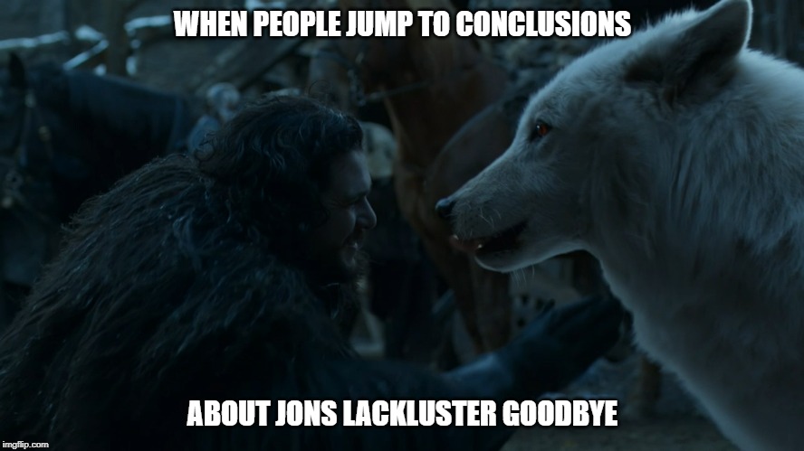 I never said goodbye Ghost | WHEN PEOPLE JUMP TO CONCLUSIONS; ABOUT JONS LACKLUSTER GOODBYE | image tagged in game of thrones,jon snow,ghost | made w/ Imgflip meme maker