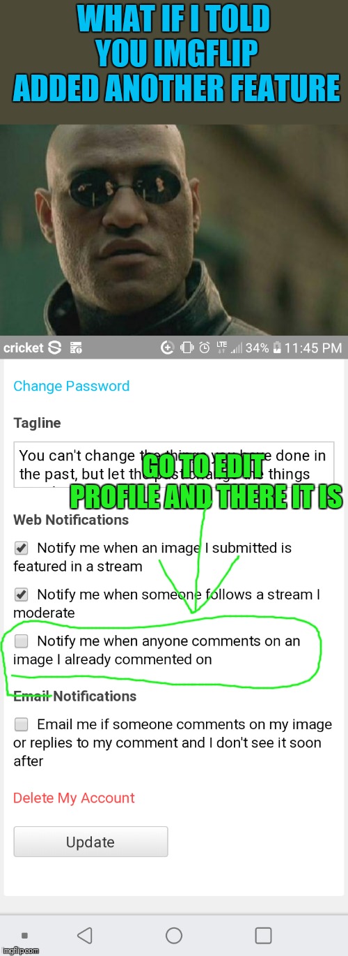 It notifies you when someone comments on a meme, you also commented on. | WHAT IF I TOLD YOU IMGFLIP ADDED ANOTHER FEATURE; GO TO EDIT PROFILE AND THERE IT IS | image tagged in memes,matrix morpheus,new feature,imgflip users,notifications | made w/ Imgflip meme maker