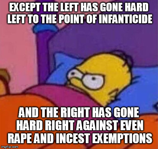 angry homer simpson in bed | EXCEPT THE LEFT HAS GONE HARD LEFT TO THE POINT OF INFANTICIDE AND THE RIGHT HAS GONE HARD RIGHT AGAINST EVEN **PE AND INCEST EXEMPTIONS | image tagged in angry homer simpson in bed | made w/ Imgflip meme maker