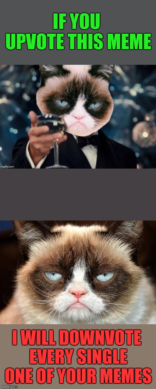 Come on I want you to do it! | IF YOU UPVOTE THIS MEME; I WILL DOWNVOTE EVERY SINGLE ONE OF YOUR MEMES | image tagged in memes,grumpy cat not amused,downvote,upvote,44colt,imgflip users | made w/ Imgflip meme maker