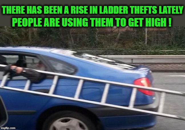 Getting High on Ladders | THERE HAS BEEN A RISE IN LADDER THEFTS LATELY; PEOPLE ARE USING THEM TO GET HIGH ! | image tagged in funny,joke,ladder,theft | made w/ Imgflip meme maker