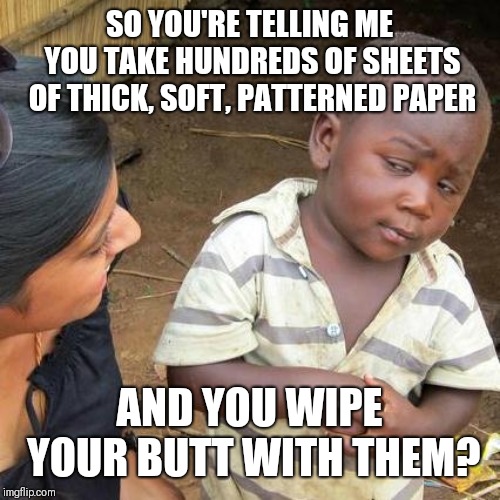 Toilet paper is one of life's greatest blessings | SO YOU'RE TELLING ME YOU TAKE HUNDREDS OF SHEETS OF THICK, SOFT, PATTERNED PAPER; AND YOU WIPE YOUR BUTT WITH THEM? | image tagged in memes,third world skeptical kid,toilet paper,butt,blessings,toilet humor | made w/ Imgflip meme maker