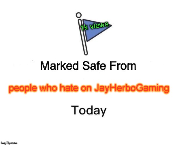I know I have like 25k views on IMGFlip, but I just got 1k views on YouTube | 1k views; people who hate on JayHerboGaming | image tagged in memes,marked safe from | made w/ Imgflip meme maker