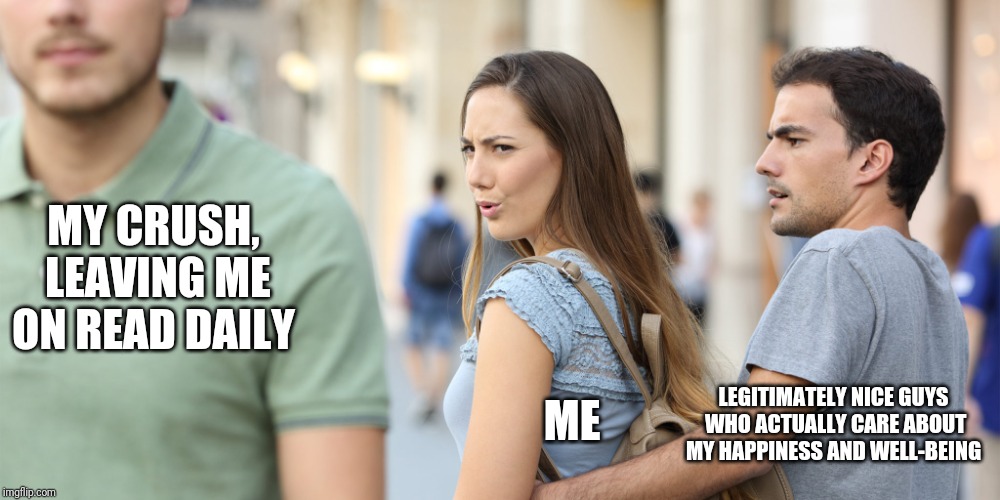 Distracted girlfriend | MY CRUSH, LEAVING ME ON READ DAILY; LEGITIMATELY NICE GUYS WHO ACTUALLY CARE ABOUT MY HAPPINESS AND WELL-BEING; ME | image tagged in distracted girlfriend | made w/ Imgflip meme maker