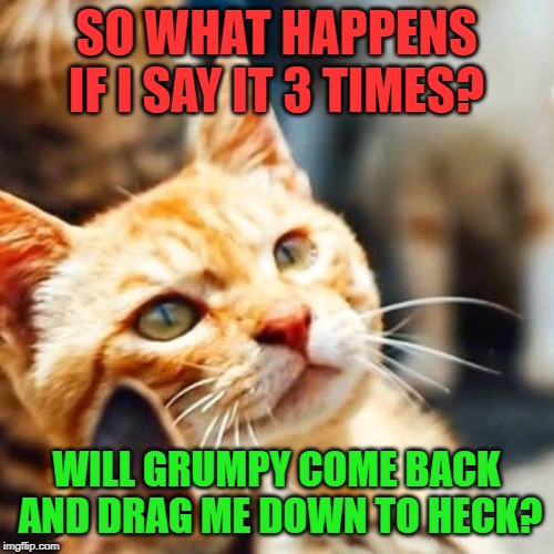 Deep Thought Cat | SO WHAT HAPPENS IF I SAY IT 3 TIMES? WILL GRUMPY COME BACK AND DRAG ME DOWN TO HECK? | image tagged in deep thought cat | made w/ Imgflip meme maker