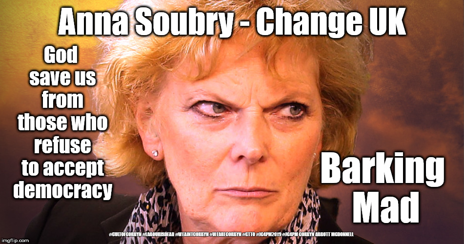 Anna Soubry - Barking mad | God save us from those who refuse to accept democracy; Anna Soubry - Change UK; Barking Mad; #CULTOFCORBYN #LABOURISDEAD #WEAINTCORBYN #WEARECORBYN #GTTO #JC4PM2019 #JC4PM CORBYN ABBOTT MCDONNELL | image tagged in anna soubry - barking mad,box of frogs,crazy bint,total loony,nutcase,change uk | made w/ Imgflip meme maker