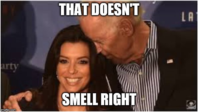 Joe Biden sniffs Eva's hair | THAT DOESN'T SMELL RIGHT | image tagged in joe biden sniffs eva's hair | made w/ Imgflip meme maker