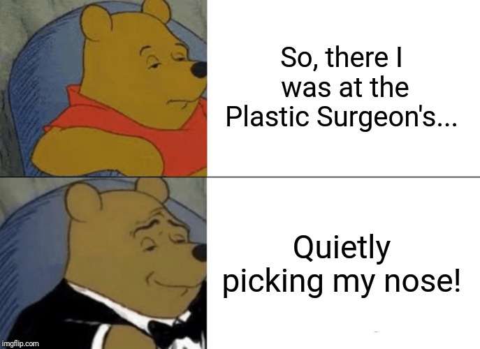 Tuxedo Winnie The Pooh Meme | So, there I was at the Plastic Surgeon's... Quietly picking my nose! | image tagged in memes,tuxedo winnie the pooh,plastic bag challenge,dad joke | made w/ Imgflip meme maker