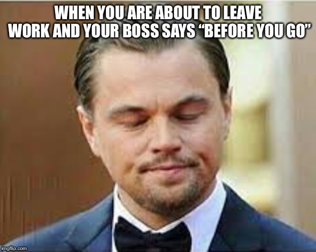 Before you leave | WHEN YOU ARE ABOUT TO LEAVE WORK AND YOUR BOSS SAYS “BEFORE YOU GO” | image tagged in work | made w/ Imgflip meme maker