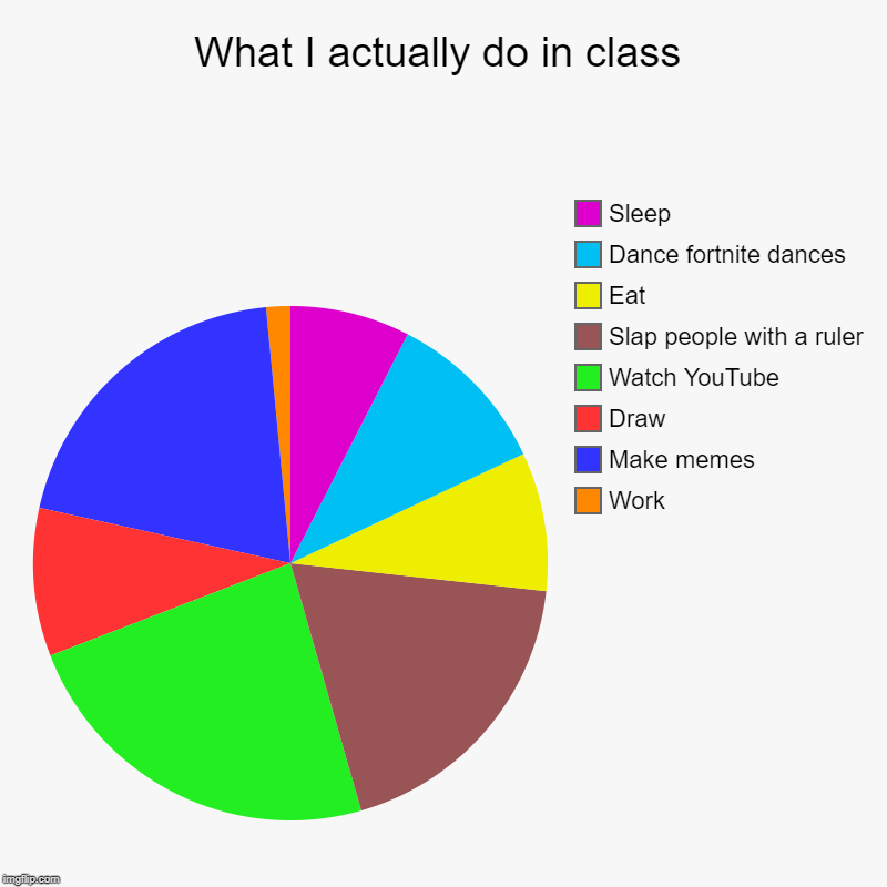 What I actually do in class | Work, Make memes, Draw, Watch YouTube, Slap people with a ruler, Eat, Dance fortnite dances, Sleep | image tagged in charts,pie charts | made w/ Imgflip chart maker