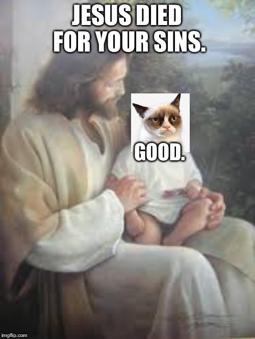 Grumpy cat didn’t even like Jesus | JESUS DIED FOR YOUR SINS. GOOD. | image tagged in jesus,grumpy cat | made w/ Imgflip meme maker