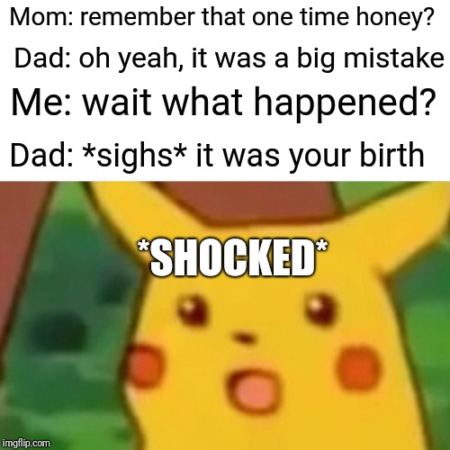 Surprised Pikachu Meme | Mom: remember that one time honey? Dad: oh yeah, it was a big mistake; Me: wait what happened? Dad: *sighs* it was your birth; *SHOCKED* | image tagged in memes,surprised pikachu | made w/ Imgflip meme maker