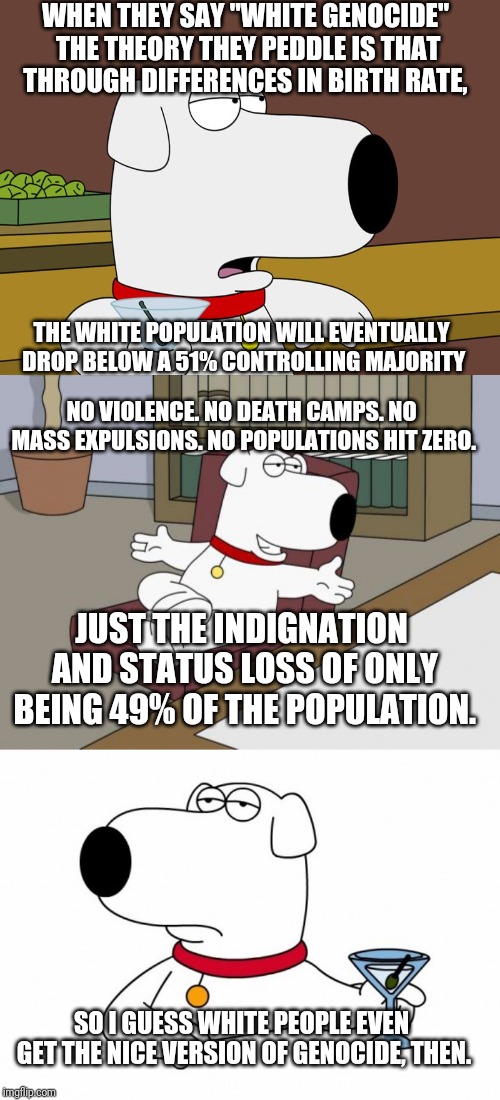 WHEN THEY SAY "WHITE GENOCIDE" THE THEORY THEY PEDDLE IS THAT THROUGH DIFFERENCES IN BIRTH RATE, THE WHITE POPULATION WILL EVENTUALLY DROP BELOW A 51% CONTROLLING MAJORITY; NO VIOLENCE. NO DEATH CAMPS. NO MASS EXPULSIONS. NO POPULATIONS HIT ZERO. JUST THE INDIGNATION AND STATUS LOSS OF ONLY BEING 49% OF THE POPULATION. SO I GUESS WHITE PEOPLE EVEN GET THE NICE VERSION OF GENOCIDE, THEN. | image tagged in memes,brian griffin | made w/ Imgflip meme maker