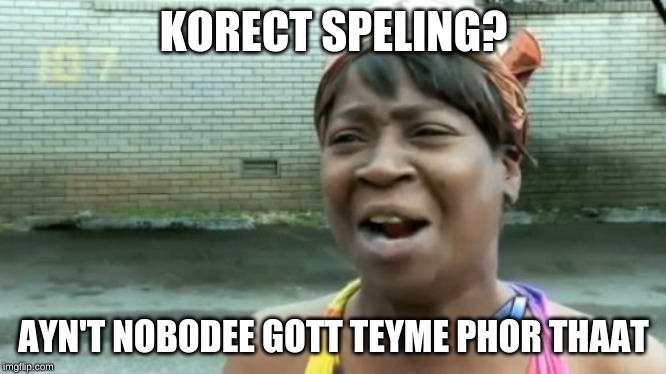 Duz dis ladee hav spel chek? | KORECT SPELING? AYN'T NOBODEE GOTT TEYME PHOR THAAT | image tagged in memes,aint nobody got time for that | made w/ Imgflip meme maker