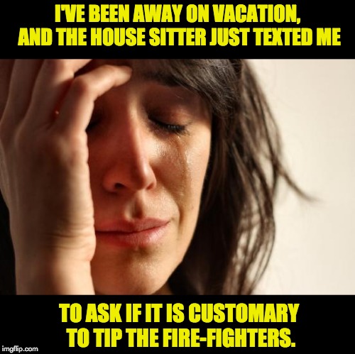 First World Problems Meme | I'VE BEEN AWAY ON VACATION, AND THE HOUSE SITTER JUST TEXTED ME; TO ASK IF IT IS CUSTOMARY TO TIP THE FIRE-FIGHTERS. | image tagged in memes,first world problems | made w/ Imgflip meme maker
