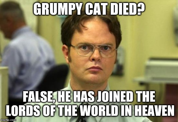 Dwight Schrute | GRUMPY CAT DIED? FALSE, HE HAS JOINED THE LORDS OF THE WORLD IN HEAVEN | image tagged in memes,dwight schrute | made w/ Imgflip meme maker