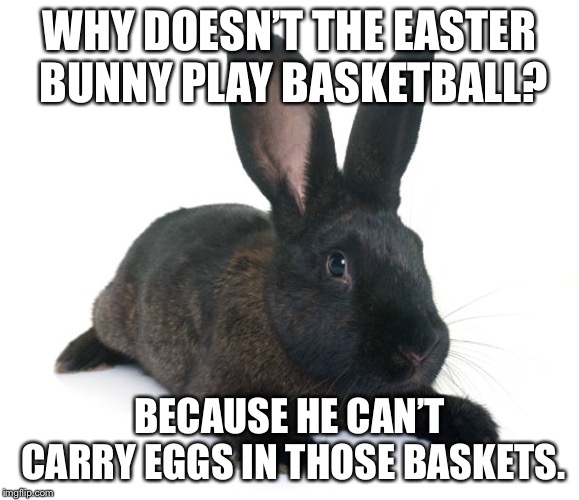 Easter Bunny does not play basketball | WHY DOESN’T THE EASTER BUNNY PLAY BASKETBALL? BECAUSE HE CAN’T CARRY EGGS IN THOSE BASKETS. | image tagged in bad joke rabbit,memes,easter bunny,basketball,easter eggs,basket | made w/ Imgflip meme maker