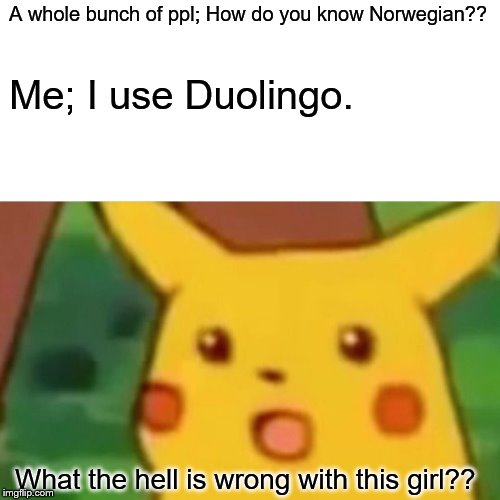 Yes, I actually use Duolingo, and it's really great. | A whole bunch of ppl; How do you know Norwegian?? Me; I use Duolingo. What the hell is wrong with this girl?? | image tagged in memes,surprised pikachu,duolingo | made w/ Imgflip meme maker