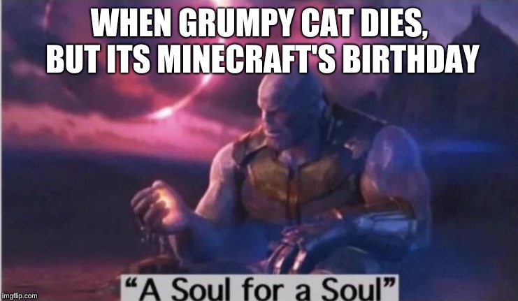 A Soul for a Soul |  WHEN GRUMPY CAT DIES, BUT ITS MINECRAFT'S BIRTHDAY | image tagged in a soul for a soul | made w/ Imgflip meme maker