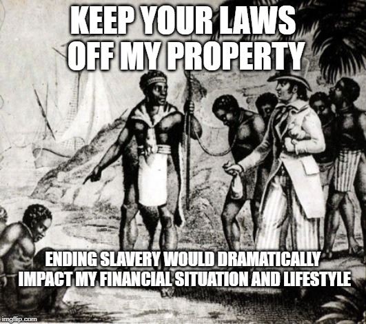 The Inconvenience Truth | KEEP YOUR LAWS OFF MY PROPERTY; ENDING SLAVERY WOULD DRAMATICALLY IMPACT MY FINANCIAL SITUATION AND LIFESTYLE | image tagged in abortion,pro-choice,pro-life,slavery | made w/ Imgflip meme maker