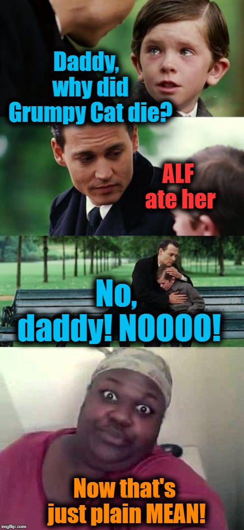 If you remember the 90s TV show A.L.F.,  you'll realize just how horrible this dad is! lol | Daddy,  why did Grumpy Cat die? ALF ate her; No, daddy! NOOOO! Now that's just plain MEAN! | image tagged in memes,finding neverland,black woman | made w/ Imgflip meme maker