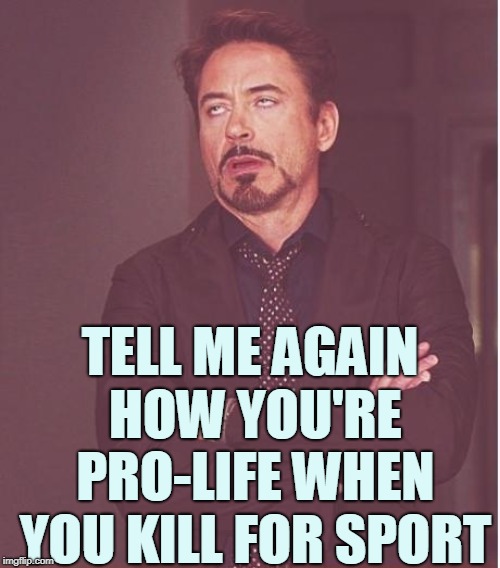 Pro-Life Hunter | TELL ME AGAIN HOW YOU'RE PRO-LIFE WHEN YOU KILL FOR SPORT | image tagged in face you make robert downey jr,robert downey jr,prolife,pro-choice,abortion,hunter | made w/ Imgflip meme maker