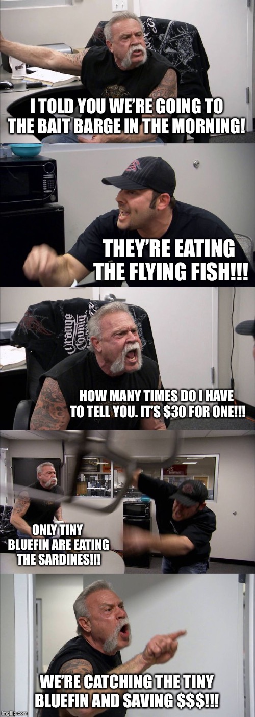 American Chopper Argument Meme | I TOLD YOU WE’RE GOING TO THE BAIT BARGE IN THE MORNING! THEY’RE EATING THE FLYING FISH!!! HOW MANY TIMES DO I HAVE TO TELL YOU. IT’S $30 FOR ONE!!! ONLY TINY BLUEFIN ARE EATING THE SARDINES!!! WE’RE CATCHING THE TINY BLUEFIN AND SAVING $$$!!! | image tagged in memes,american chopper argument | made w/ Imgflip meme maker